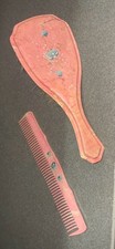 Vintage Baby Brush Comb Set Pink Hand Painted Floral Infant Grooming Antique