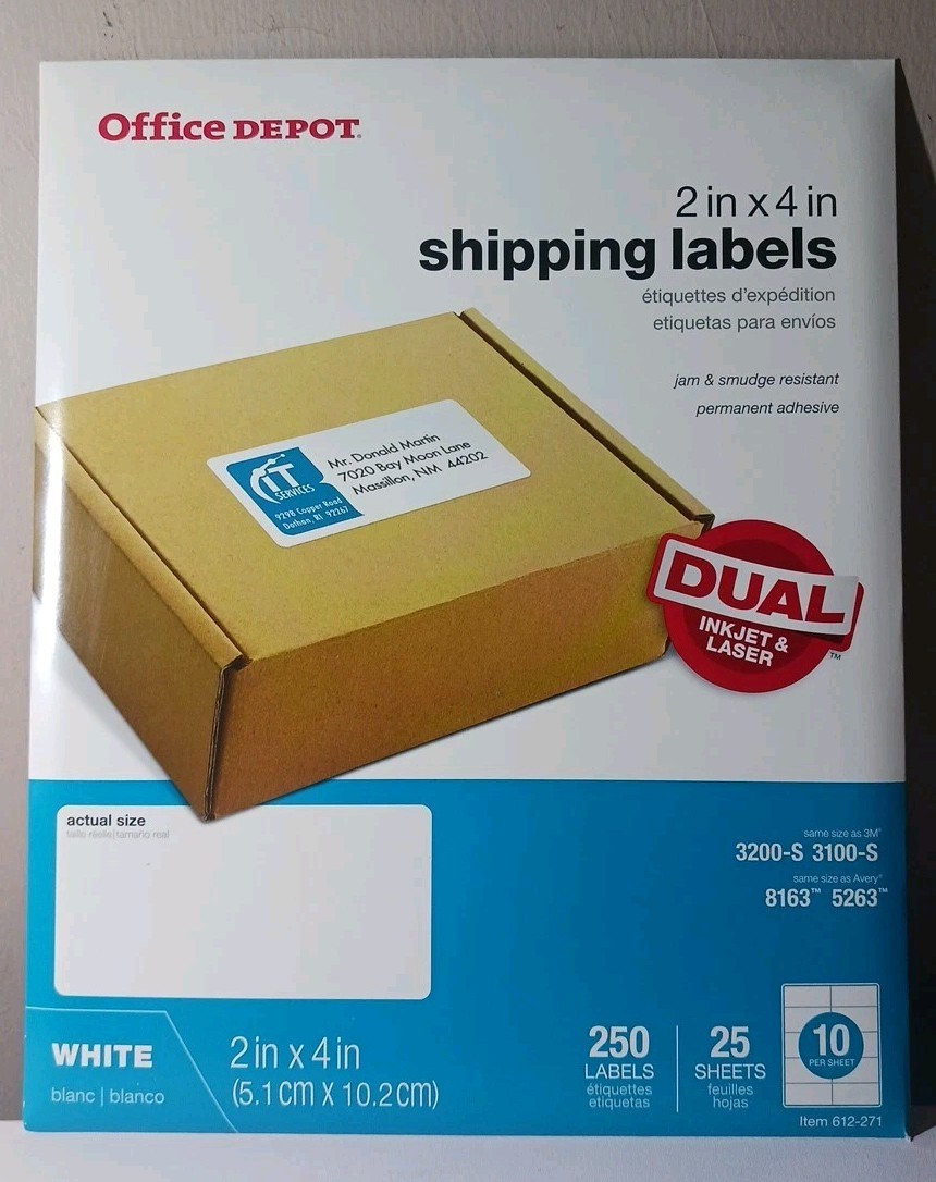 Office Depot Shipping Labels Size 2" x 4" White 250ea Laser/Inkjet -NEW!