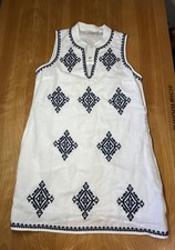 NWT Tory Burch Celeste Embroidered Linen Blend Mini Dress in Ivory and Navy Sz L