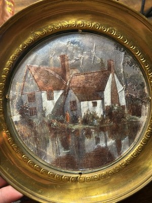 Vintage Solid Brass Decorative Wall Plate with Cottage House Scene