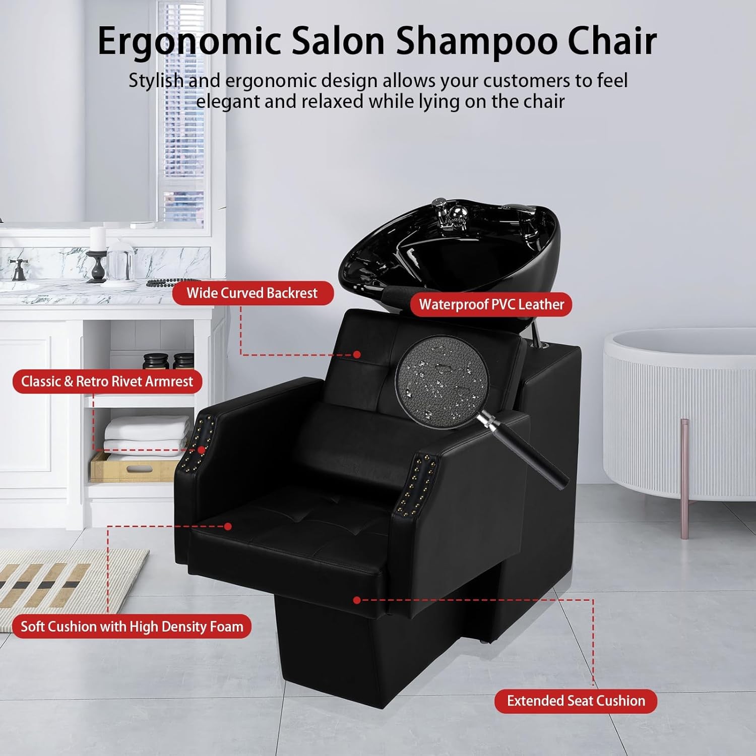 Salon Shampoo Chair & Adjustable Ceramic Bowl Set, 30° Tilt Hair Wash Station