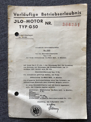 Vorläufige Betriebserlaubnis JLO-Motor Typ G 50 - Süddeutsches ILO-Werk GmbH
