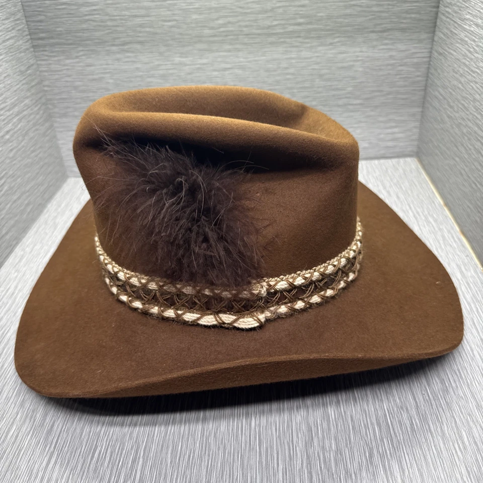 PMM Western Wear 5X Sombrero de Vaquero Calidad Castor Fieltro de Piel Marrón 7 3/8 Banda de Plumas Foto 2 de 4