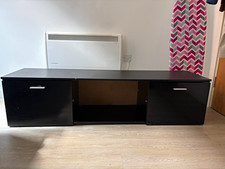 Black Freestanding TV Stand, 2 Hinged Doors, Centre Open Storage Shelf