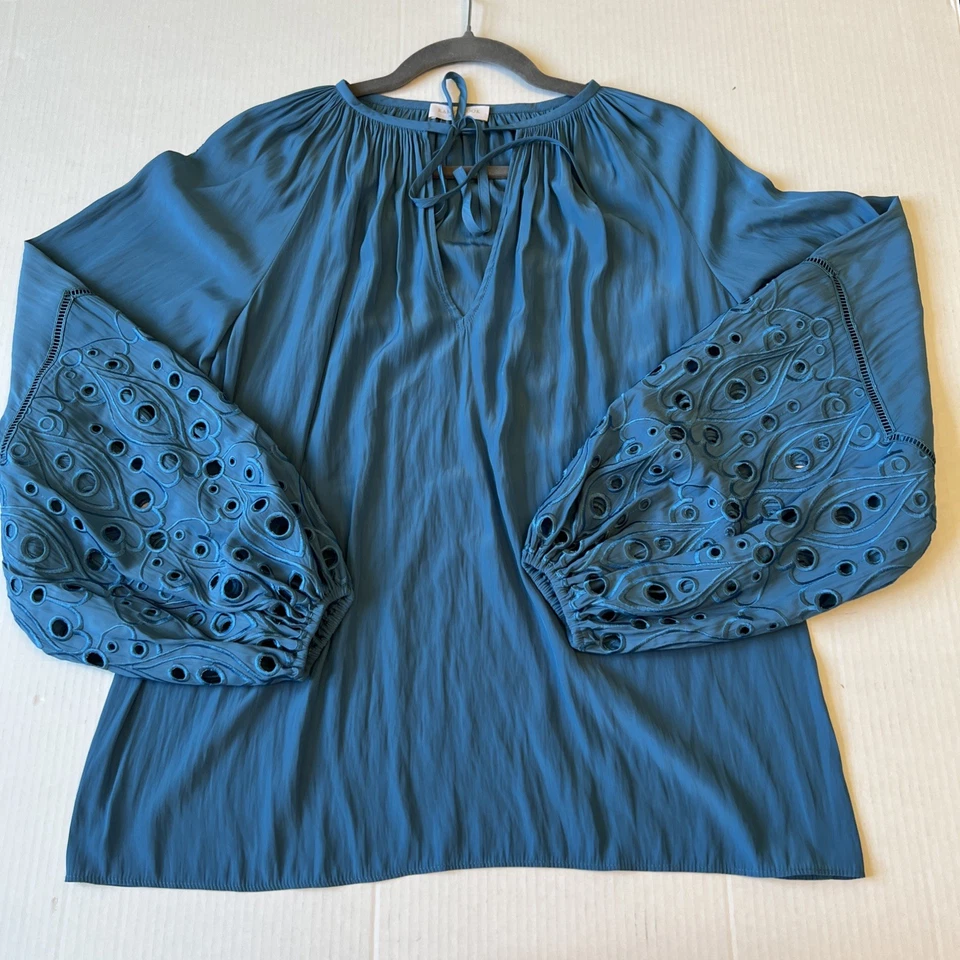 Blusa Ramy Brook S-M Cuello Corbata Manga Larga Bordada Azul Teal/ver Detalles Foto 3 de 4