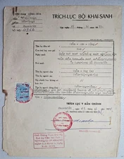 South Vietnam Provincial Revenue Stamp Document (Birth Cert.), 1974