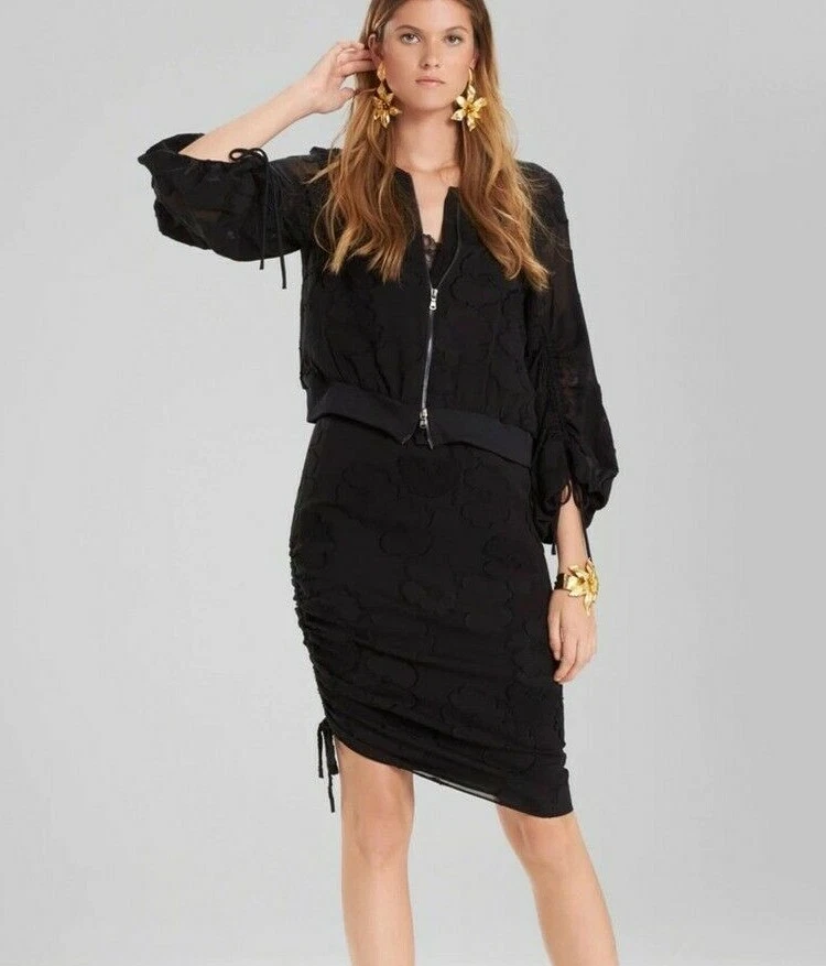 750 NWT JOSIE NATORI SzS BURNOUT DRAWSTRING BALLON SLEEVE BOMBER JACKET BLACK