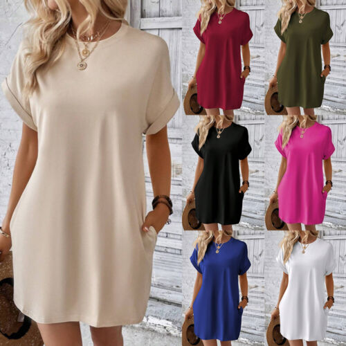 Women Solid Summer Dolman Sleeve Round Neck T-Shirt Dress Holiday Beach Sundress