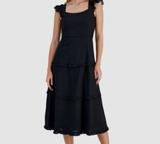 Anne Klein Womens Black Ruffle-Trimmed Tiered Midi Linen Dress Size 4
