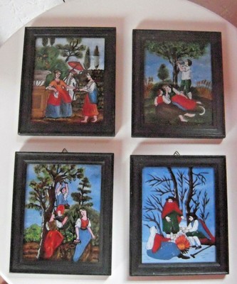 4 Bilder Naive Hinterglasmalerei Original Vier Jahreszeiten Im Holzrahmen Ebay 