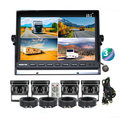 10.1'' Quad Monitor Split Screen 4PIN Heavy Duty Rear View Backup Camera Truck RV
