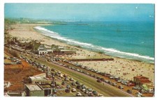Santa Monica California c1950's aerial view, beach scene, Pacific Ocean, old car