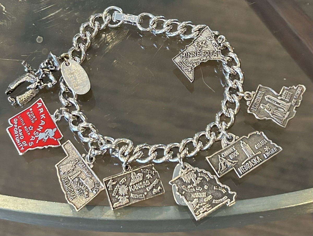Vintage Solid Sterling Silver US Travel Charm Bracelet Texas Cowboy