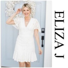 Eliza J Size 6 White Dress Wedding Bachelorette Embroidered Short Sleeve Bride