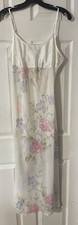 White Floral Satin Chemise Slip Dress Night Gown Medium Sophia Vintage Shear