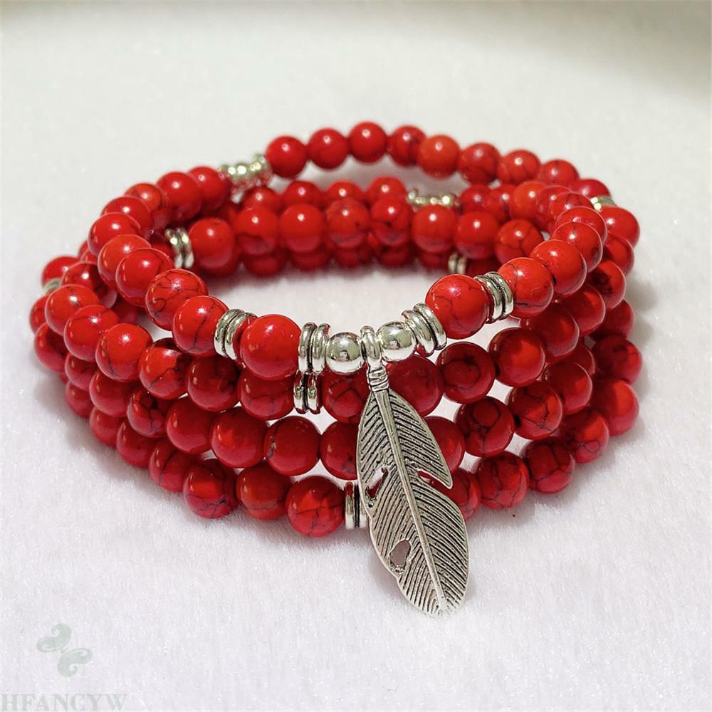 6mm Red Turquoise 108 Bead Feather Pendant Stretch Bracelet Cuff Meditation eBay