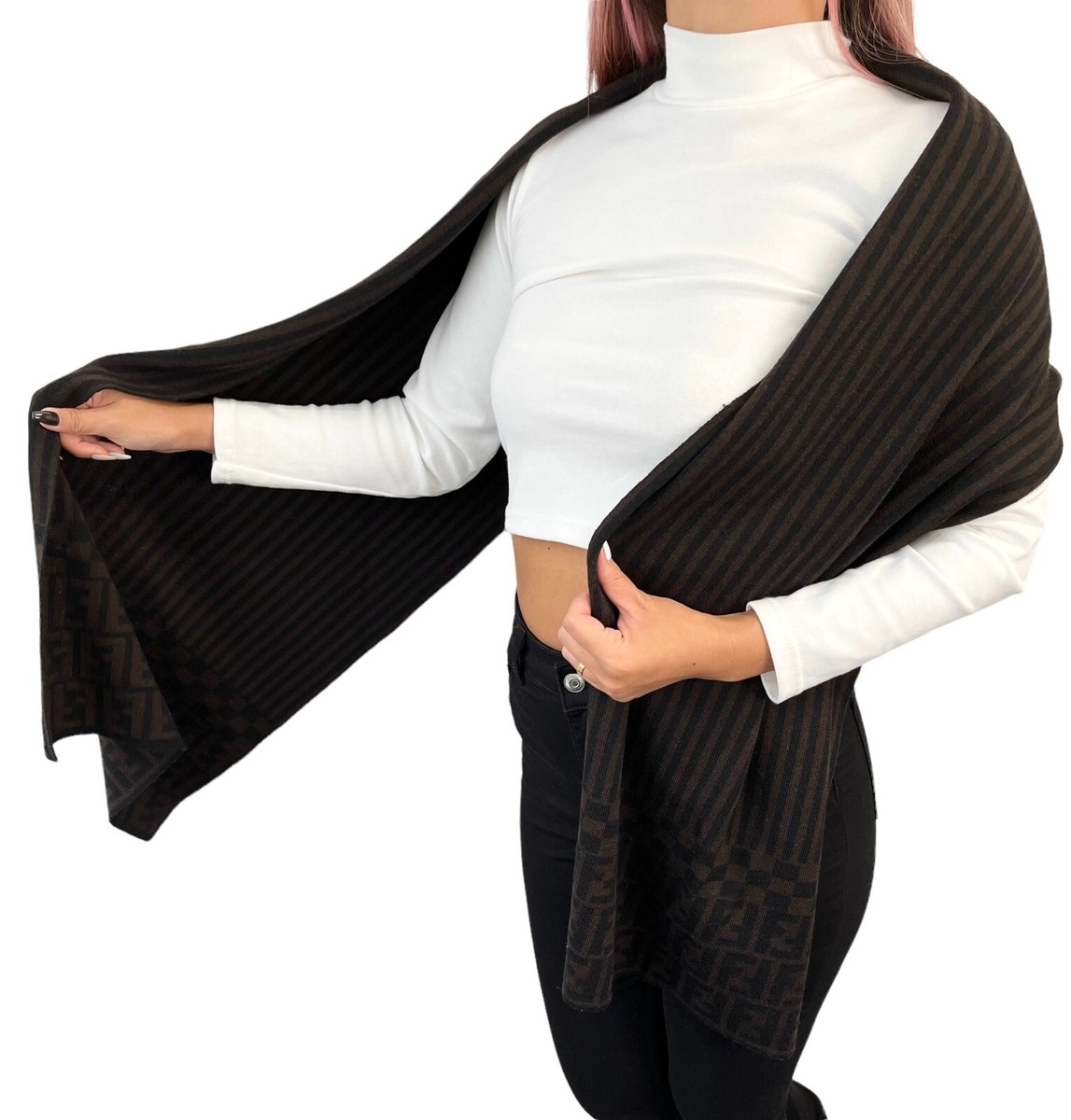 FENDI Zucca Stripe Wrap Scarf #42 Fashion Accessory Brown Black