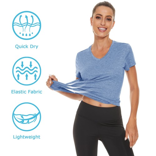 Women's V Neck Workout Shirts Short Sleeve Quick Dry T-Shirts Yoga Athletic Tops - Picture 37 of 61