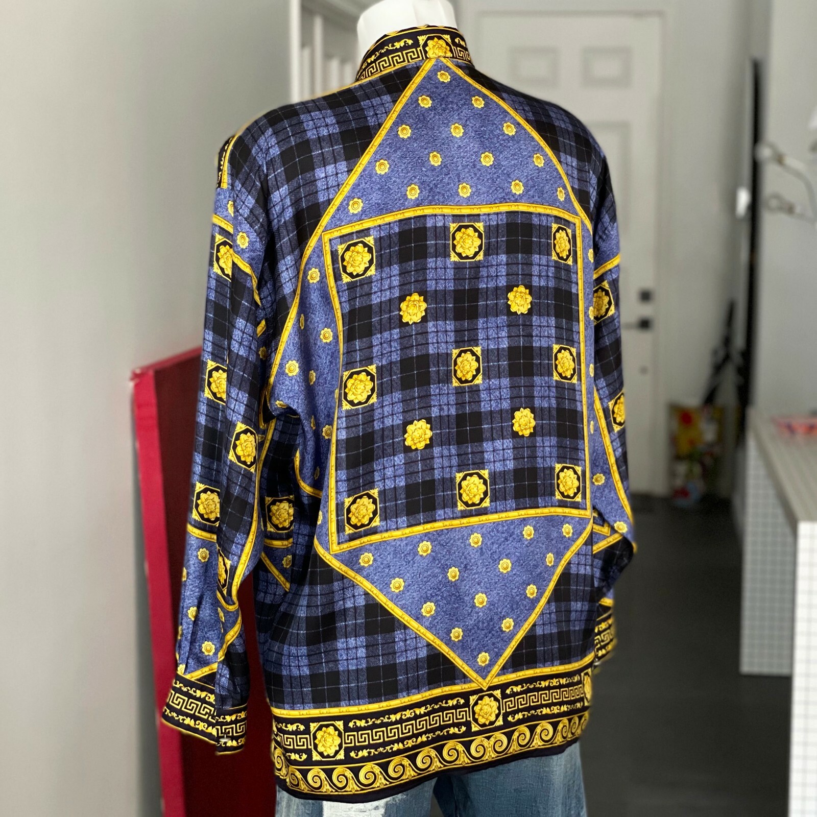VERSACE CLASSIC V2 blue black gold silk shirt Barocco with Plaid print size S image 6