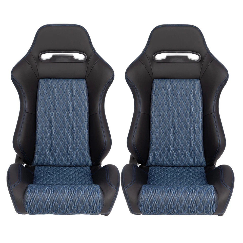 Par de asientos reclinables con canastilla de carreras con deslizadores, tela azul transpirable PU negra Foto 3 de 4