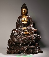 Old Pure Bronze Gilt Dragon Loong Kwan-yin Guan Yin Boddhisattva Goddess Statue
