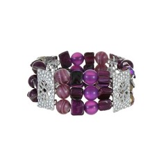 Gemstone Bead Stretch Bracelet With Engraved Silver Metal, Womens Dainty Layered