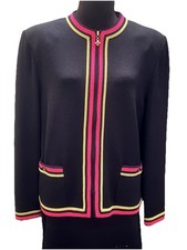 ST JOHN Classic Blazer Jacket Sz 12 Black Pink Grn Zip Sport
