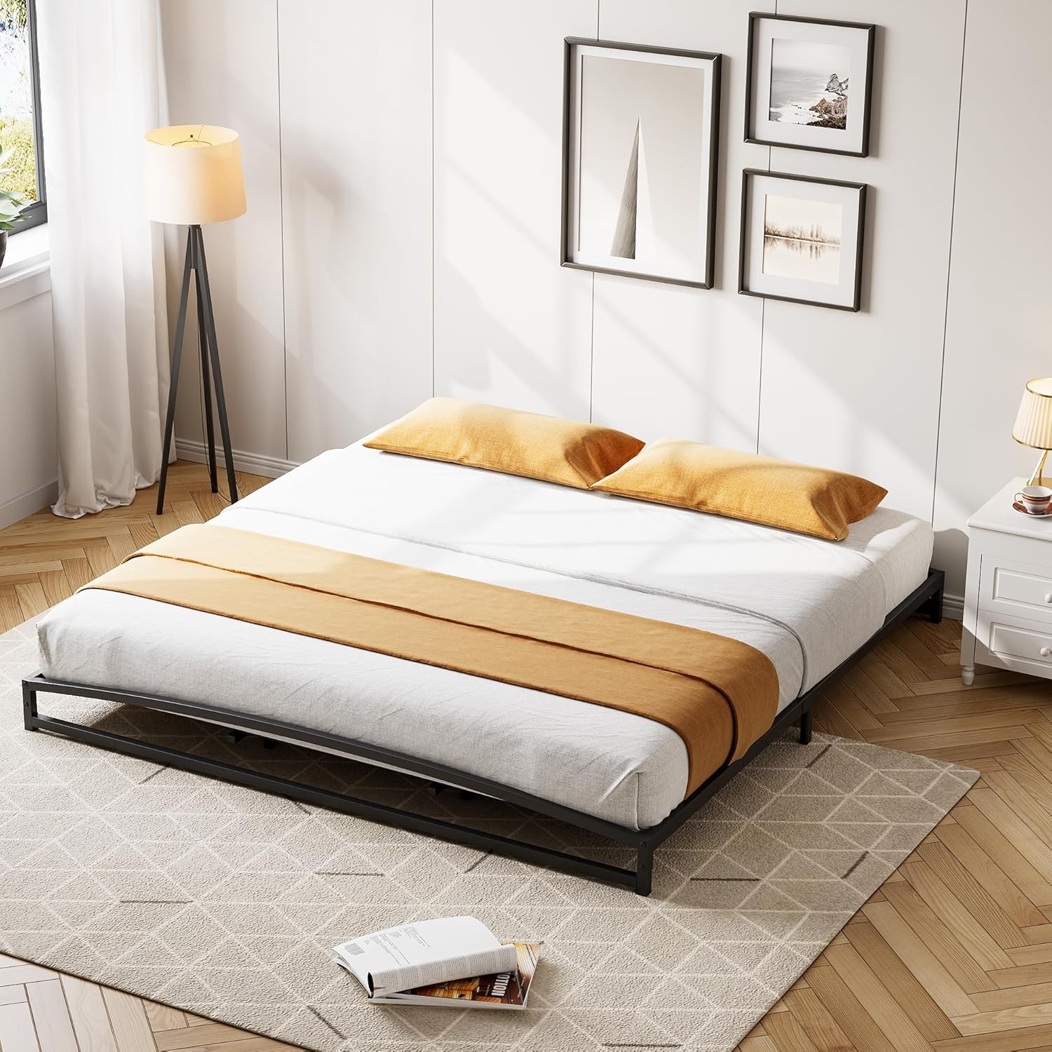 California King Size Bed Frame Low Profile 6" Metal Platform Bed Frame Black