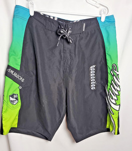 NWT Maui & Sons Size 36 Black, Lime Green, White & Blue Board Shorts