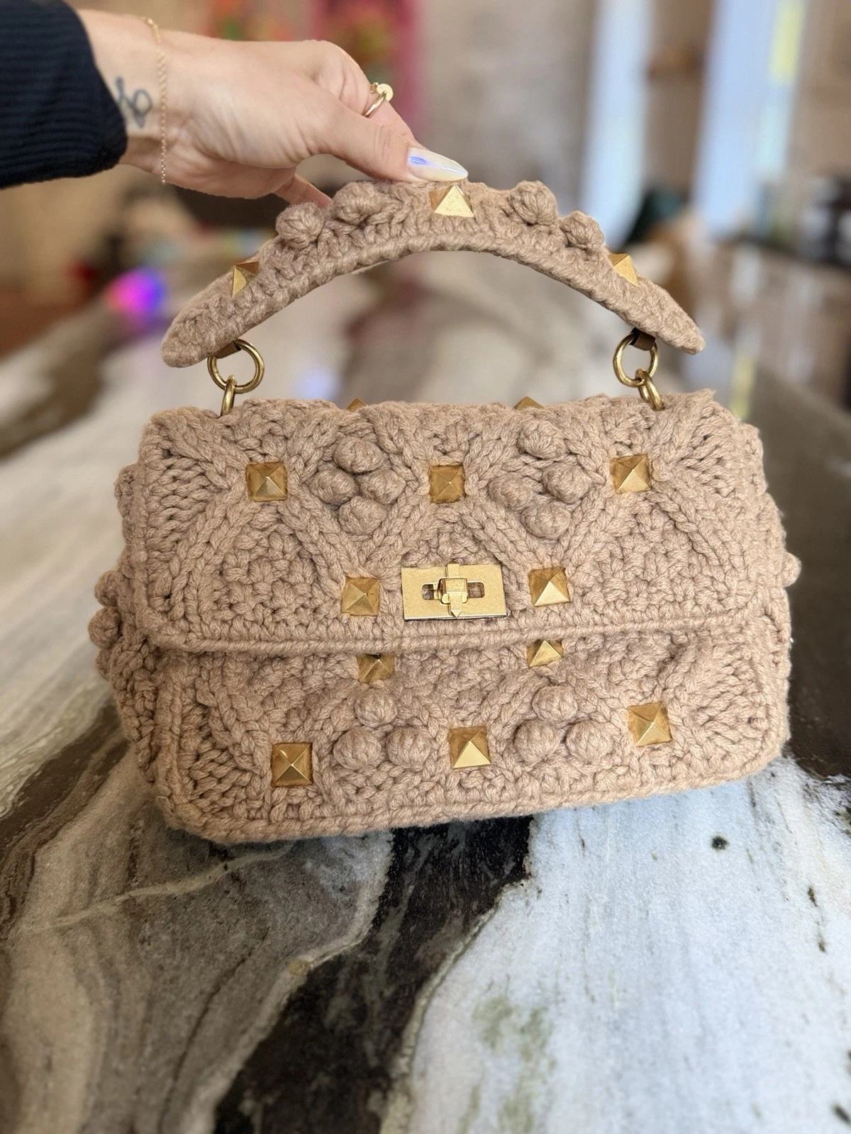 Valentino — New Valentino Garavani Roman Stud Large Shoulder Bag Brown Knit Cashmere Suede