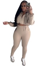 Women 2 Piece Outfits Tracksuit Drawstring Long Sleeve Zip Up Crop Jacket wit...