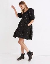 Madewell Quilted Puff-Sleeve Mini Dress Black Amie Floral Size Medium Women's