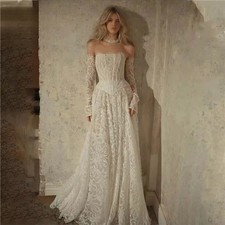 Long Sleeves Wedding Dresses Scoop Neck Full Lace A Line Detachable Bridal Grown
