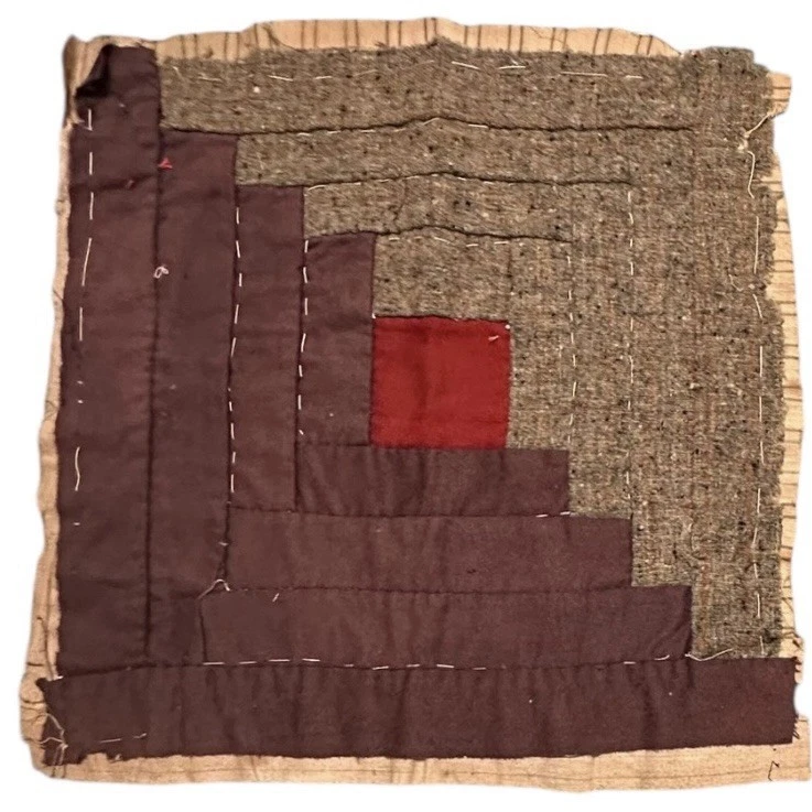 2 Vintage Cutter Quilt Pieces 13” x 13” Each Log Cabin Early Fabrics - Image 3 of 4