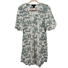 Tahari Linen Blend Shift Dress Womens XS Green White Toile Botanical Cat Print