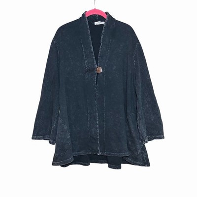 Jess & Jane Womens XL Black Mineral Wash Cotton Jacket Tunic Top Button Front