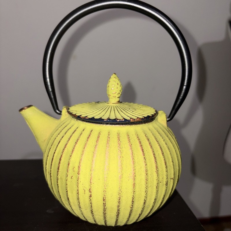 Green Metal Cast Iron Tea Pot with Stripe Design 7” x 6” x 4”