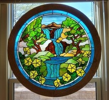 Stained Glass Panel- Waterfalls Handcrafted & Wood Framed 23" Round