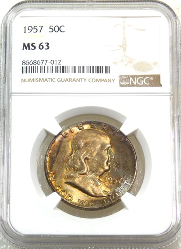 1957 P Franklin Half Dollar NGC MS63 Frosty Toned Just Graded New Holder #U294