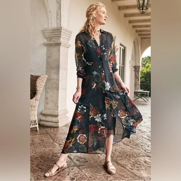 Soft Surroundings 2pc Black Floral Button Down Shirt Maxi + Slip Dress M = 10/12