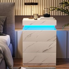 Modern LED Nightstand with Charging Station White Marble Bedside Table Drawer