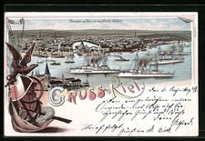 Lithographie Kiel, Panorama von Kiel und dem Hafen, Wappen mit Adler 1897 