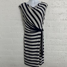 LRL Ralph Lauren Womens Dress 10 Blue White Stripe Cap Sleeve Ruched Stretch K19