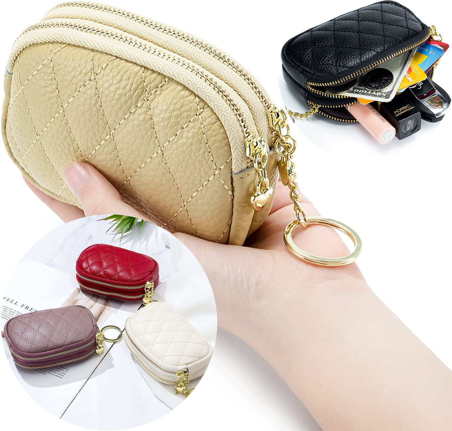 Soft Genuine Leather Quilted Coin Purse with Keychain Zipper Wallet Gifts  