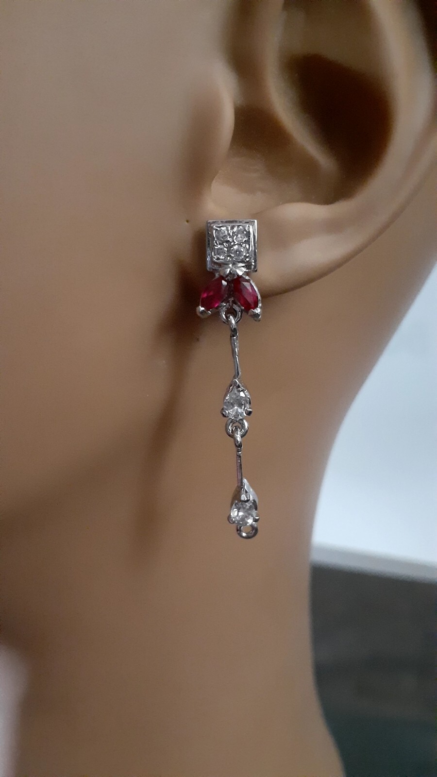 Ruby Gemstone & Clear Stone Silvertone Dangle/dro… - image 3