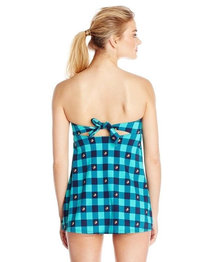 NEW Tommy Hilfiger Blue Lure Plaid Swimdress Tie Back One-Piece Swimsuit Size 4 - Image 2 of 2