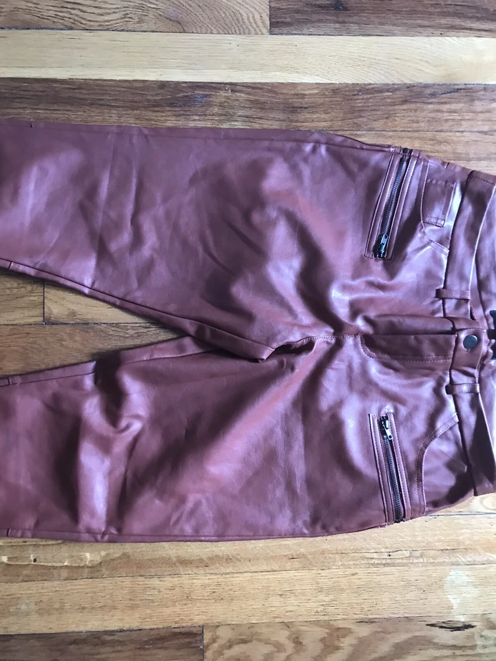 Pantalones de alta costura Romeo Juliet para mujer talla M ajustados de cuero sintético delantero marrón 30 X 28 Foto 3 de 4