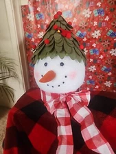 Snowman Head Christmas Tree Topper with Tree Hat Buffalo Plaid Scarf Holiday 14”