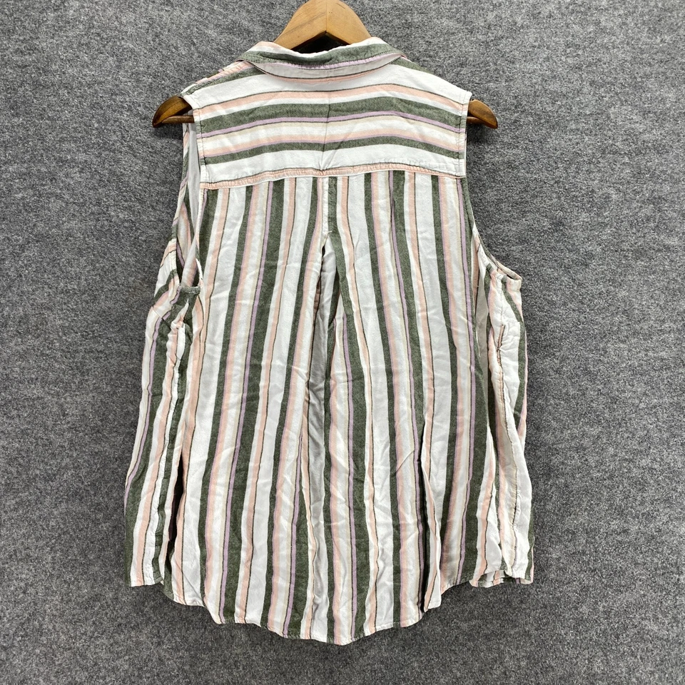 Camisa sin marca para mujer 1X Plus blanca a rayas con cuello abotonado sin mangas informal Foto 2 de 4