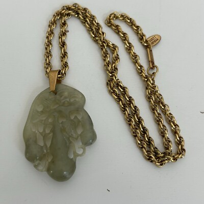 Vintage Miriam Haskell Carved Faux Jade Pendant Necklace Molded Glass Gold Tone